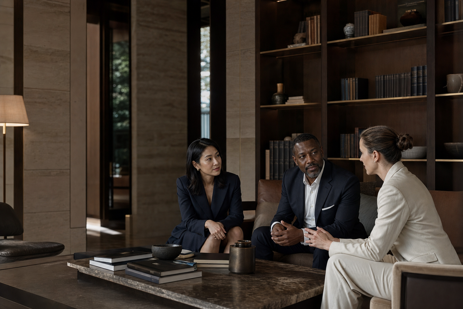 International professionals in thoughtful conversation within a private research salon