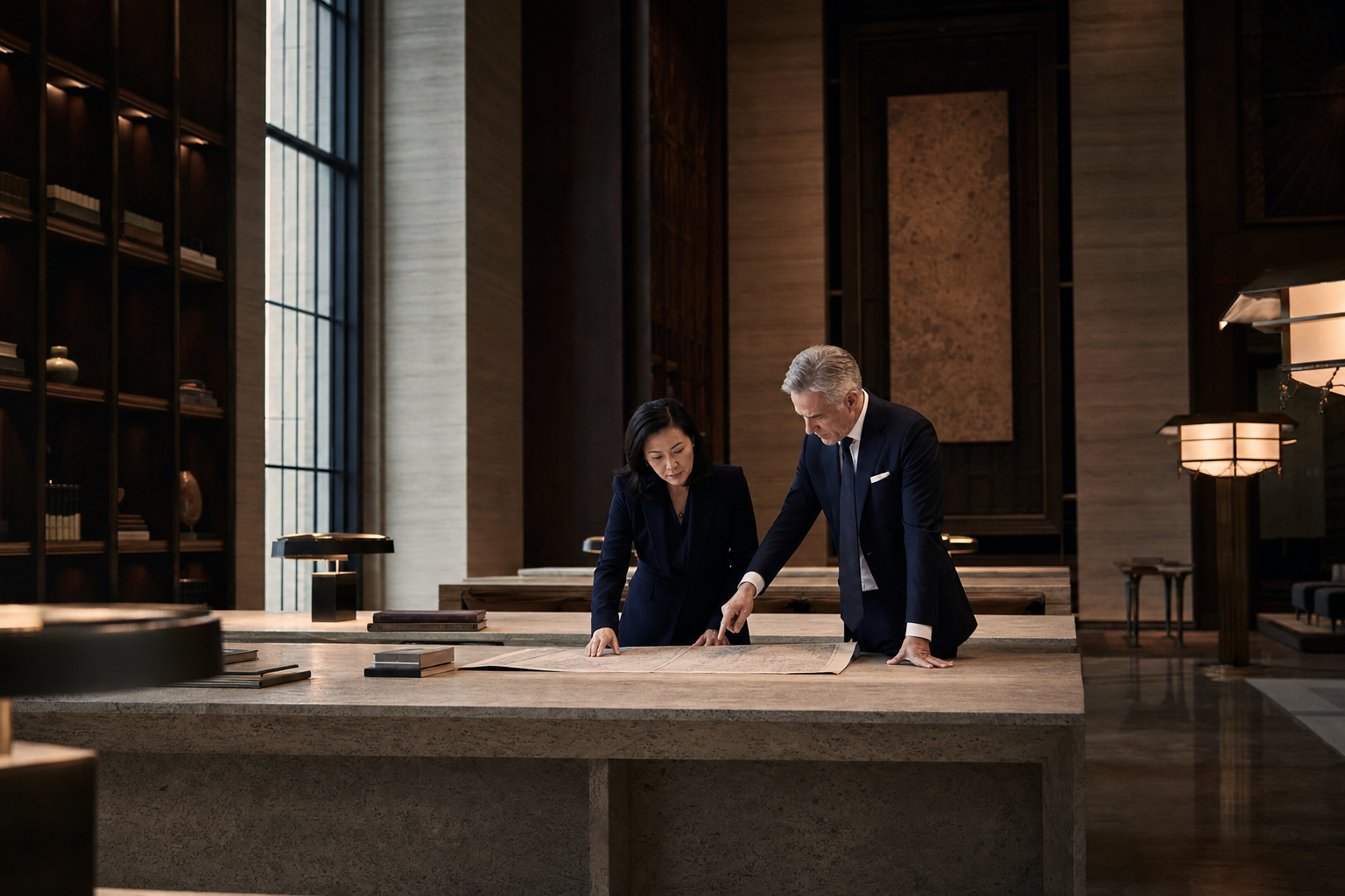 Senior research professionals studying archival material in a monumental library